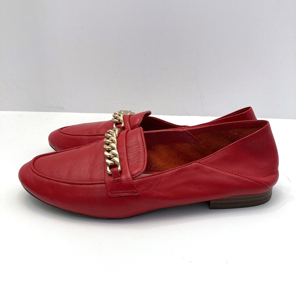 Aldo Red Leather Loafers Gold Chain Detail Unlined Soft Womens 7.5 Apron Toe - Picture 3 of 7